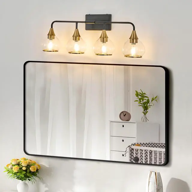 Alt view image 4 of 7 - 31" Modern 4-Light Vanity Wall Sconce - Black and Gold Bathroom Light Fixture with Clear Glass Shades, industrial Wall Mounted Lamp for Mirror, Vanity, and Living Spaces (Bulb Not included)