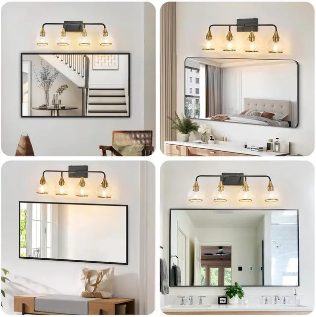 Alt view image 5 of 7 - 31" Modern 4-Light Vanity Wall Sconce - Black and Gold Bathroom Light Fixture with Clear Glass Shades, industrial Wall Mounted Lamp for Mirror, Vanity, and Living Spaces (Bulb Not included)