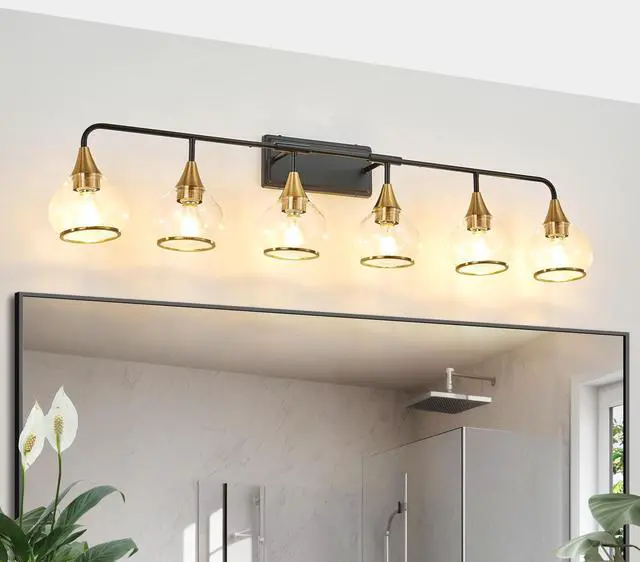 Main image of 48" Modern 6-Light Vanity Wall Sconce - Black and Gold Bathroom Light Fixture with Clear Glass Shades, industrial Wall Mounted Lamp for Mirror, Vanity, and Living Spaces (Bulb Not included)