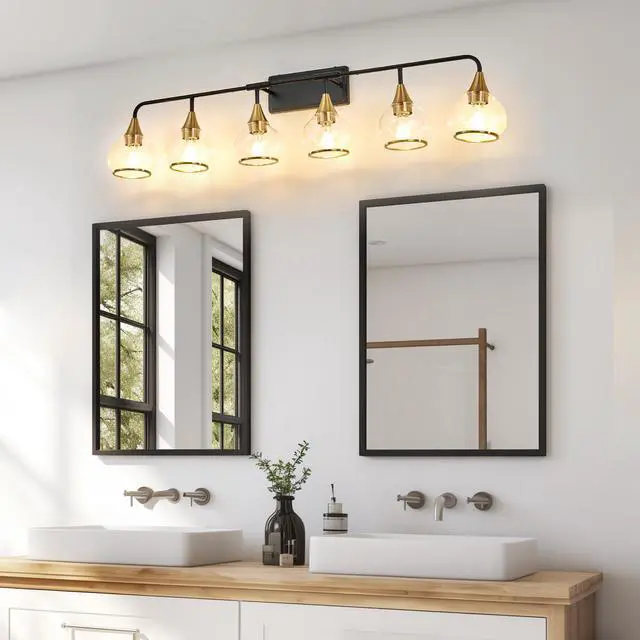 Alt view image 2 of 7 - 48" Modern 6-Light Vanity Wall Sconce - Black and Gold Bathroom Light Fixture with Clear Glass Shades, industrial Wall Mounted Lamp for Mirror, Vanity, and Living Spaces (Bulb Not included)