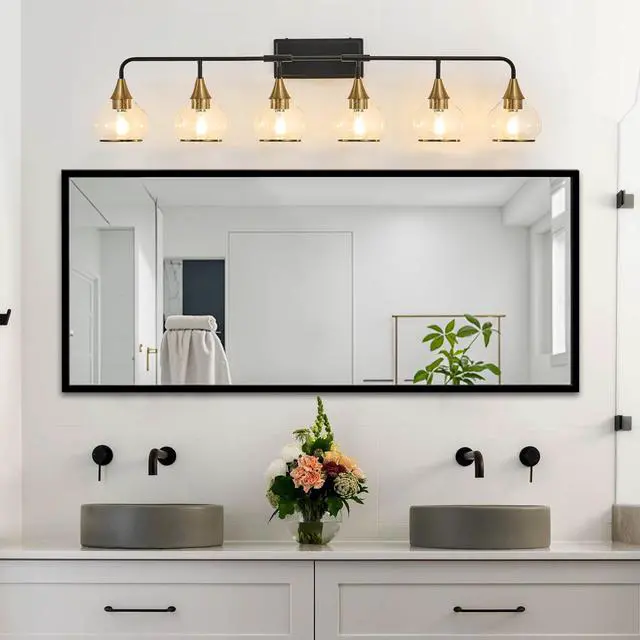 Alt view image 3 of 7 - 48" Modern 6-Light Vanity Wall Sconce - Black and Gold Bathroom Light Fixture with Clear Glass Shades, industrial Wall Mounted Lamp for Mirror, Vanity, and Living Spaces (Bulb Not included)