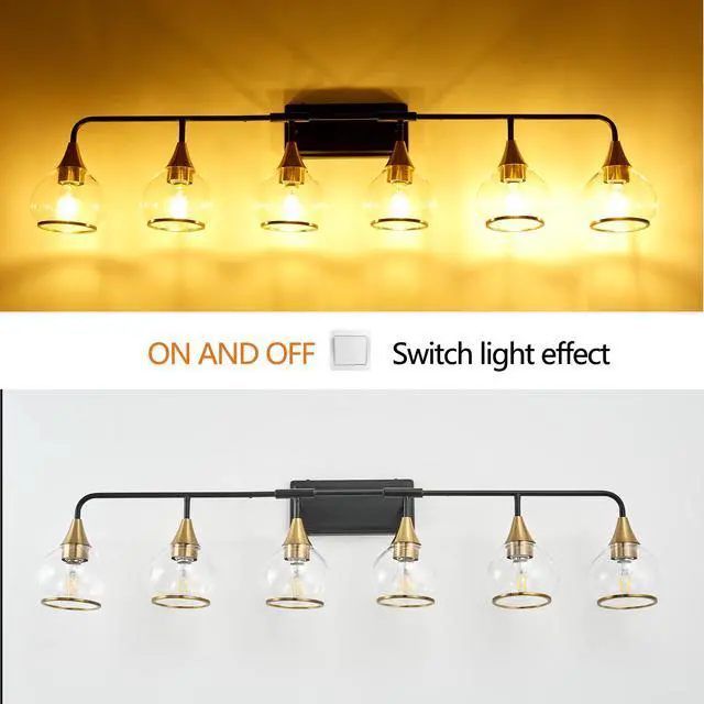 Alt view image 5 of 7 - 48" Modern 6-Light Vanity Wall Sconce - Black and Gold Bathroom Light Fixture with Clear Glass Shades, industrial Wall Mounted Lamp for Mirror, Vanity, and Living Spaces (Bulb Not included)