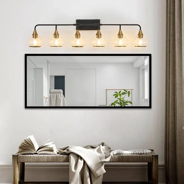 Alt view image 4 of 7 - 48" Modern 6-Light Vanity Wall Sconce - Black and Gold Bathroom Light Fixture with Clear Glass Shades, industrial Wall Mounted Lamp for Mirror, Vanity, and Living Spaces (Bulb Not included)