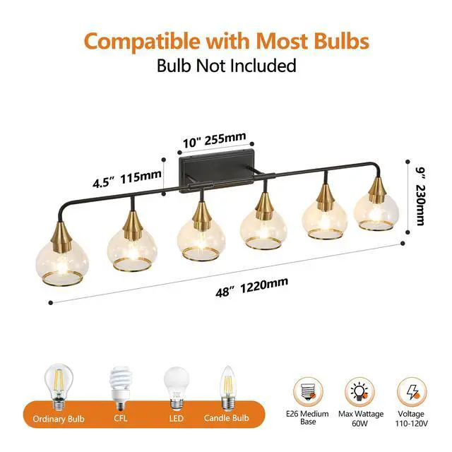 Alt view image 7 of 7 - 48" Modern 6-Light Vanity Wall Sconce - Black and Gold Bathroom Light Fixture with Clear Glass Shades, industrial Wall Mounted Lamp for Mirror, Vanity, and Living Spaces (Bulb Not included)