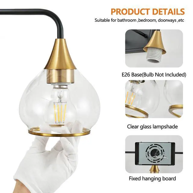 Alt view image 6 of 7 - 48" Modern 6-Light Vanity Wall Sconce - Black and Gold Bathroom Light Fixture with Clear Glass Shades, industrial Wall Mounted Lamp for Mirror, Vanity, and Living Spaces (Bulb Not included)