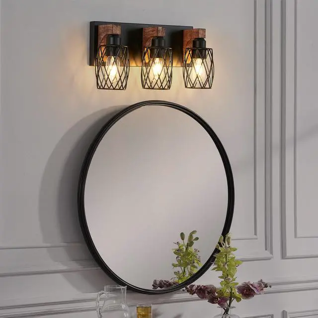 Alt view image 2 of 7 - 18" industrial Vintage 3-Light Wall Sconce - Black Cage Wall Lighting Fixture with Wooden Accents for Bathroom, Hallway, Or Living Room (Bulb Not included)