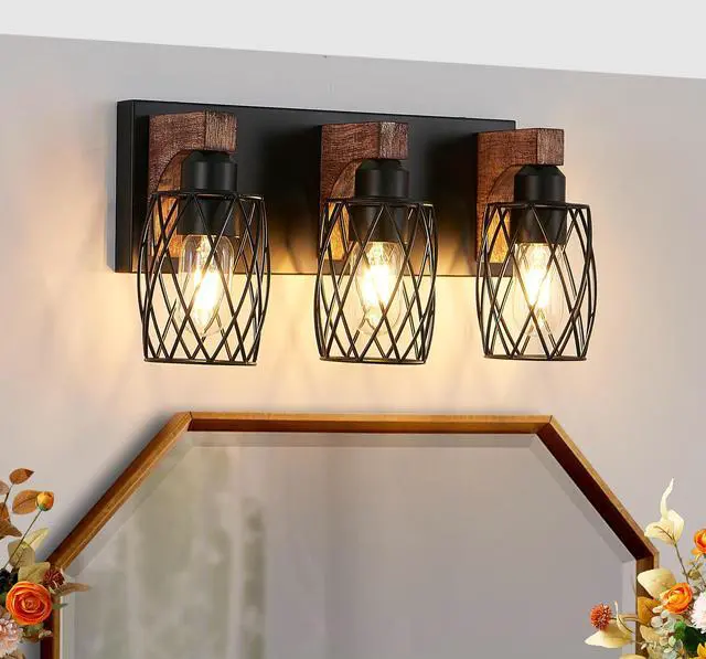 Main image of 18" industrial Vintage 3-Light Wall Sconce - Black Cage Wall Lighting Fixture with Wooden Accents for Bathroom, Hallway, Or Living Room (Bulb Not included)