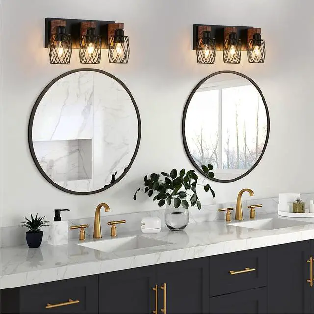 Alt view image 3 of 7 - 18" industrial Vintage 3-Light Wall Sconce - Black Cage Wall Lighting Fixture with Wooden Accents for Bathroom, Hallway, Or Living Room (Bulb Not included)