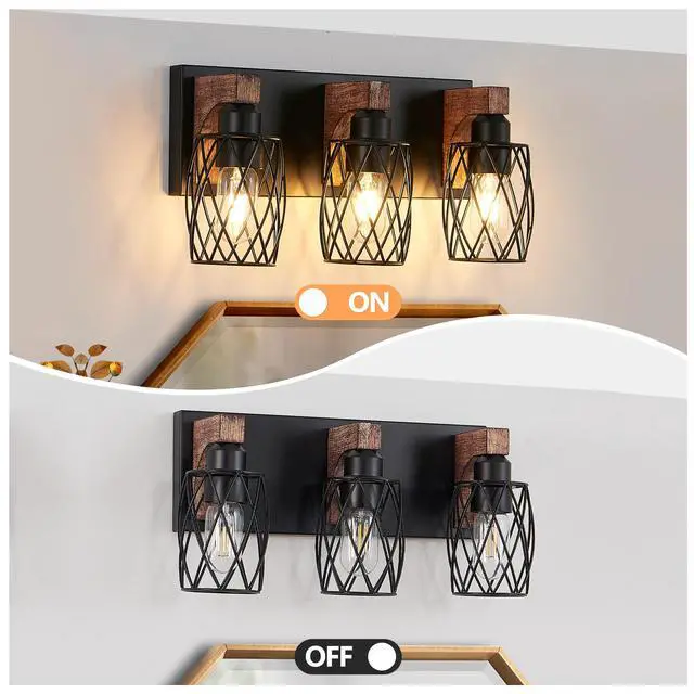 Alt view image 7 of 7 - 18" industrial Vintage 3-Light Wall Sconce - Black Cage Wall Lighting Fixture with Wooden Accents for Bathroom, Hallway, Or Living Room (Bulb Not included)