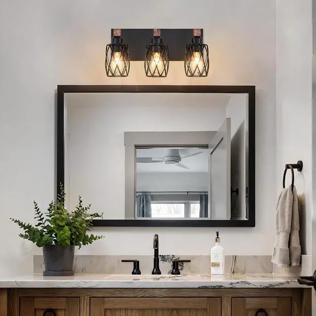 Alt view image 5 of 7 - 18" industrial Vintage 3-Light Wall Sconce - Black Cage Wall Lighting Fixture with Wooden Accents for Bathroom, Hallway, Or Living Room (Bulb Not included)