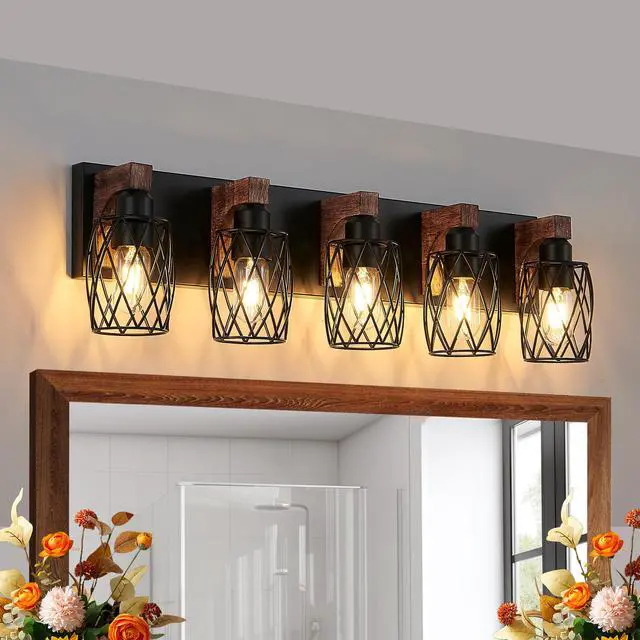 Main image of 31" industrial Vintage 5-Light Wall Sconce - Black Cage Wall Lighting Fixture with Wooden Accents for Bathroom, Hallway, Or Living Room (Bulb Not included)