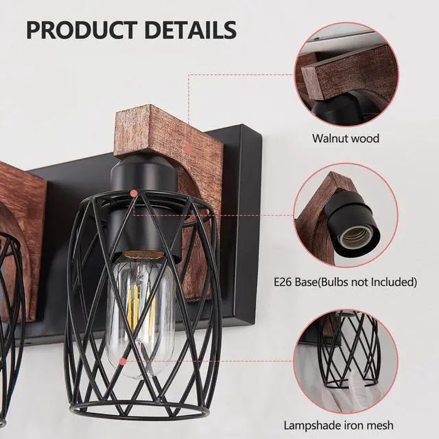 Alt view image 6 of 7 - 18" industrial Vintage 3-Light Wall Sconce - Black Cage Wall Lighting Fixture with Wooden Accents for Bathroom, Hallway, Or Living Room (Bulb Not included)