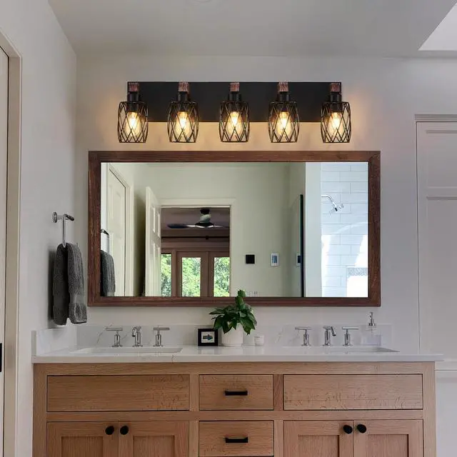 Alt view image 2 of 7 - 31" industrial Vintage 5-Light Wall Sconce - Black Cage Wall Lighting Fixture with Wooden Accents for Bathroom, Hallway, Or Living Room (Bulb Not included)