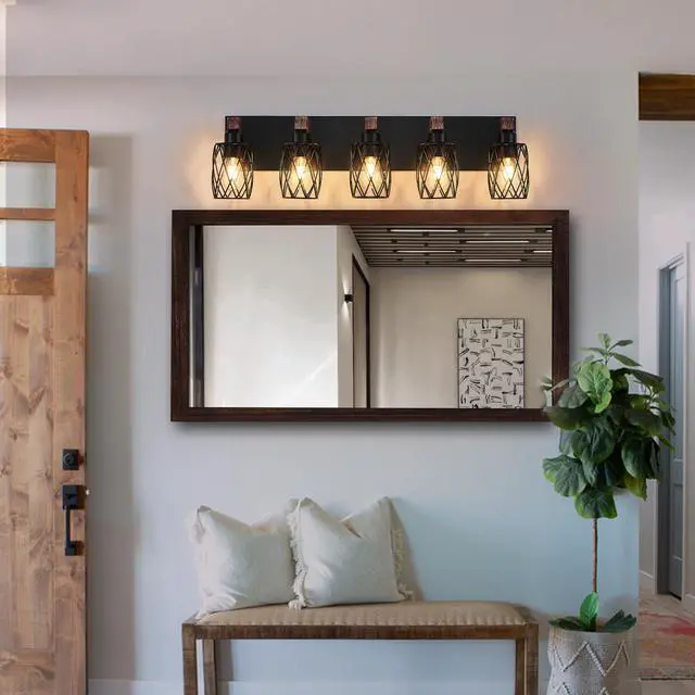 Alt view image 3 of 7 - 31" industrial Vintage 5-Light Wall Sconce - Black Cage Wall Lighting Fixture with Wooden Accents for Bathroom, Hallway, Or Living Room (Bulb Not included)