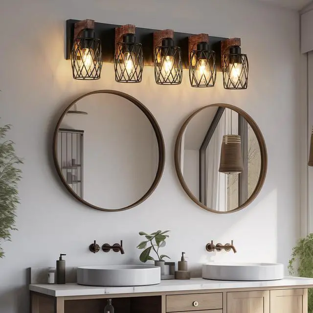 Alt view image 4 of 7 - 31" industrial Vintage 5-Light Wall Sconce - Black Cage Wall Lighting Fixture with Wooden Accents for Bathroom, Hallway, Or Living Room (Bulb Not included)