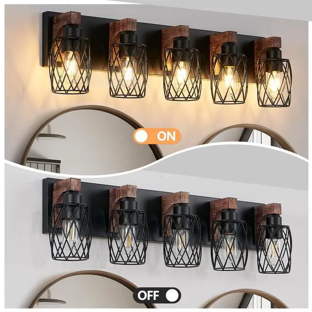 Alt view image 6 of 7 - 31" industrial Vintage 5-Light Wall Sconce - Black Cage Wall Lighting Fixture with Wooden Accents for Bathroom, Hallway, Or Living Room (Bulb Not included)