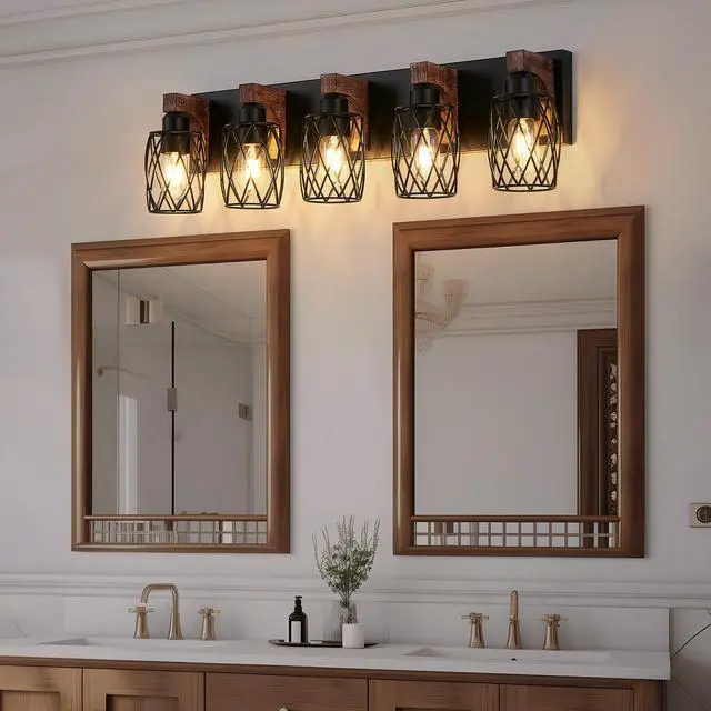 Alt view image 5 of 7 - 31" industrial Vintage 5-Light Wall Sconce - Black Cage Wall Lighting Fixture with Wooden Accents for Bathroom, Hallway, Or Living Room (Bulb Not included)