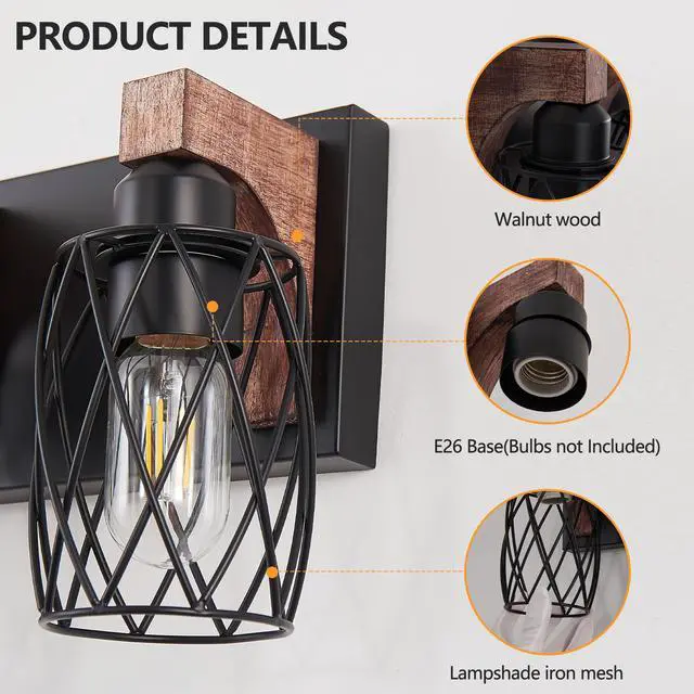 Alt view image 7 of 7 - 31" industrial Vintage 5-Light Wall Sconce - Black Cage Wall Lighting Fixture with Wooden Accents for Bathroom, Hallway, Or Living Room (Bulb Not included)