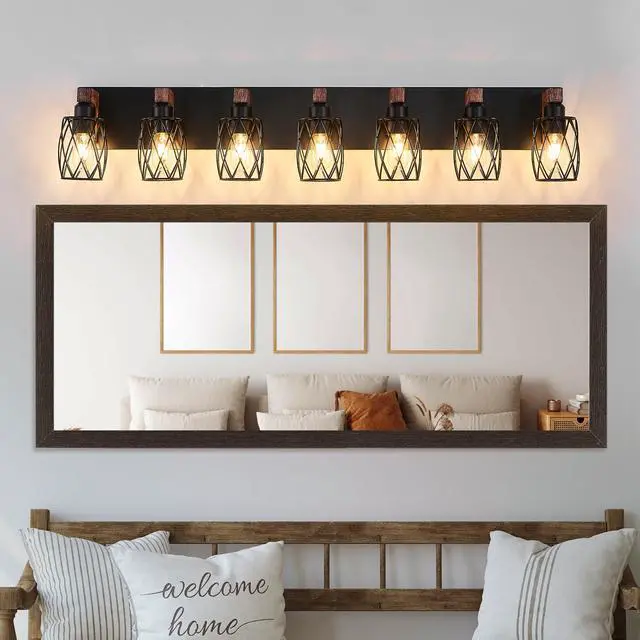 Alt view image 2 of 7 - industrial Vintage 7-Light Wall Sconce - Black Cage Wall Lighting Fixture with Wooden Accents for Bathroom, Hallway, Or Living Room (Bulb Not included)