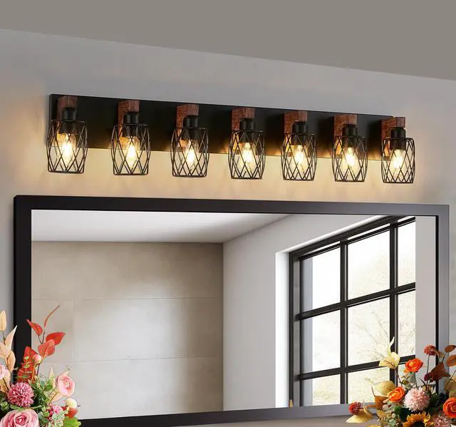 Main image of industrial Vintage 7-Light Wall Sconce - Black Cage Wall Lighting Fixture with Wooden Accents for Bathroom, Hallway, Or Living Room (Bulb Not included)