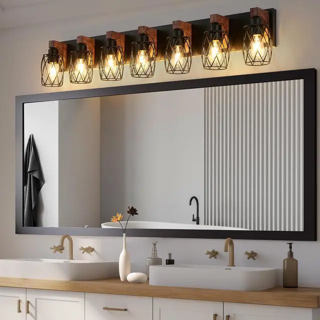 Alt view image 4 of 7 - industrial Vintage 7-Light Wall Sconce - Black Cage Wall Lighting Fixture with Wooden Accents for Bathroom, Hallway, Or Living Room (Bulb Not included)