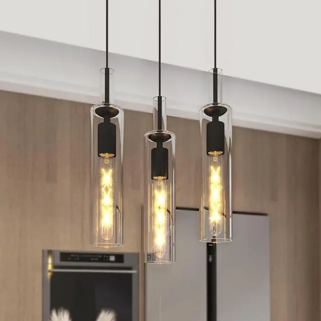 Main image of 3 Pack Black Pendant Lights Kitchen Island (No Bulbs), Adjustable Modern Glass Pendant Light Over Island, industrial Pendant Light Fixtures for Dining Room Hallway Bedroom Living Room
