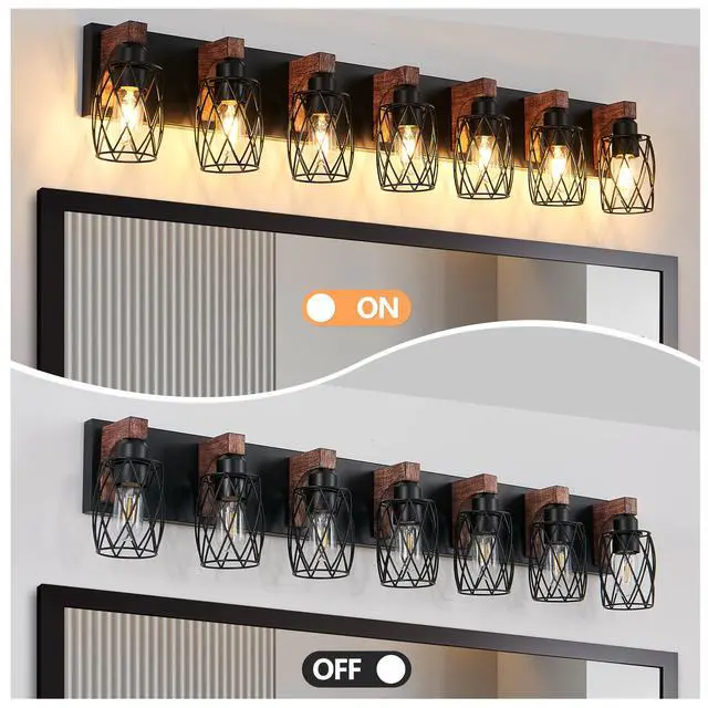 Alt view image 6 of 7 - industrial Vintage 7-Light Wall Sconce - Black Cage Wall Lighting Fixture with Wooden Accents for Bathroom, Hallway, Or Living Room (Bulb Not included)