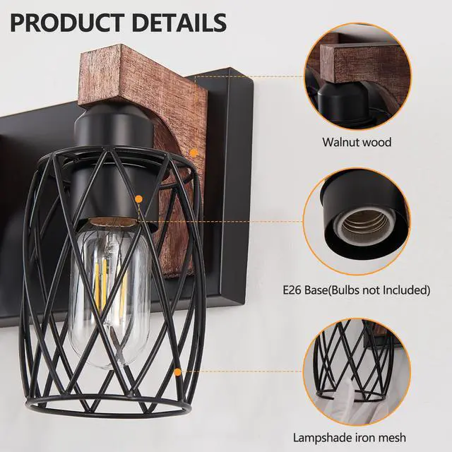 Alt view image 7 of 7 - industrial Vintage 7-Light Wall Sconce - Black Cage Wall Lighting Fixture with Wooden Accents for Bathroom, Hallway, Or Living Room (Bulb Not included)
