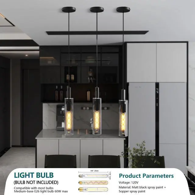 Alt view image 4 of 7 - 3 Pack Black Pendant Lights Kitchen Island (No Bulbs), Adjustable Modern Glass Pendant Light Over Island, industrial Pendant Light Fixtures for Dining Room Hallway Bedroom Living Room