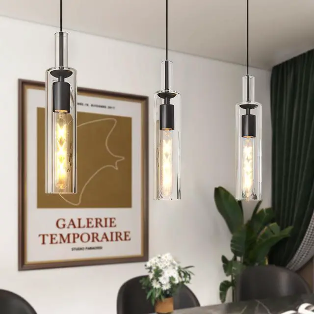 Alt view image 2 of 7 - 3 Pack Black Pendant Lights Kitchen Island (No Bulbs), Adjustable Modern Glass Pendant Light Over Island, industrial Pendant Light Fixtures for Dining Room Hallway Bedroom Living Room