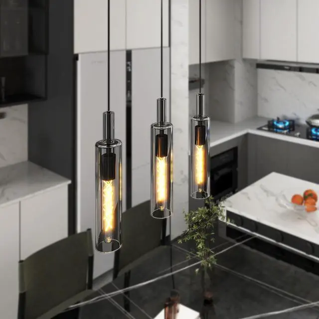 Alt view image 3 of 7 - 3 Pack Black Pendant Lights Kitchen Island (No Bulbs), Adjustable Modern Glass Pendant Light Over Island, industrial Pendant Light Fixtures for Dining Room Hallway Bedroom Living Room
