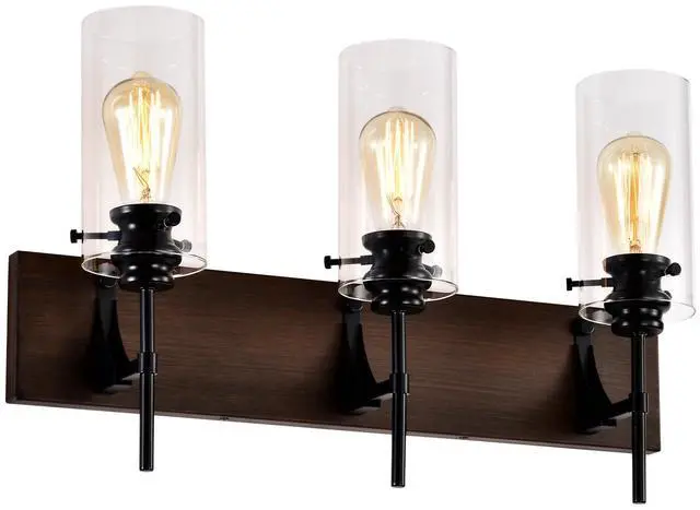 Main image of 3-Light Matte Black + Wood Color Bathroom Light Fixtures, Modern Vanity Lights with Glass Shade, Vintage Light Fixture Bathroom Over Mirror Wall Lights for Kitchen Dinning Room Bedroom Hallway