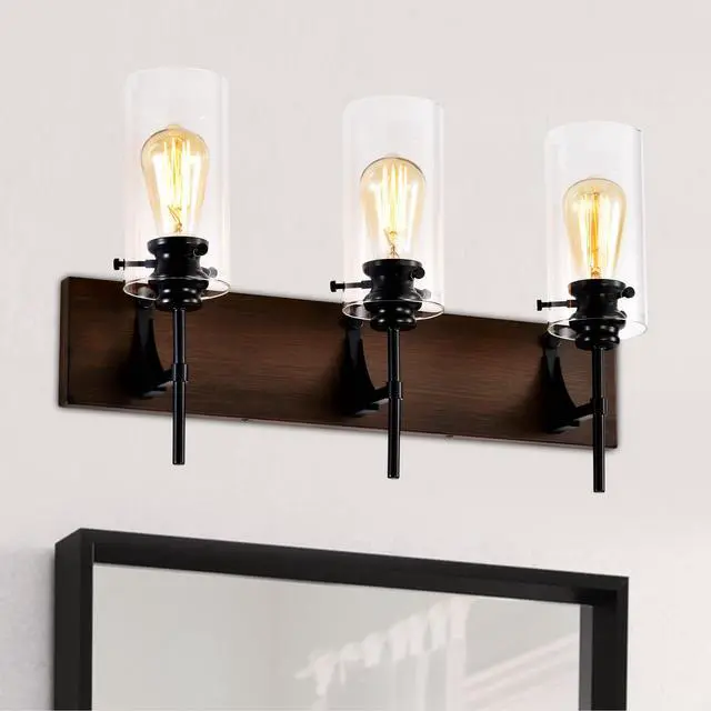 Alt view image 2 of 7 - 3-Light Matte Black + Wood Color Bathroom Light Fixtures, Modern Vanity Lights with Glass Shade, Vintage Light Fixture Bathroom Over Mirror Wall Lights for Kitchen Dinning Room Bedroom Hallway