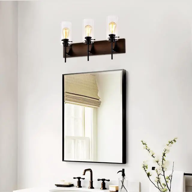 Alt view image 4 of 7 - 3-Light Matte Black + Wood Color Bathroom Light Fixtures, Modern Vanity Lights with Glass Shade, Vintage Light Fixture Bathroom Over Mirror Wall Lights for Kitchen Dinning Room Bedroom Hallway