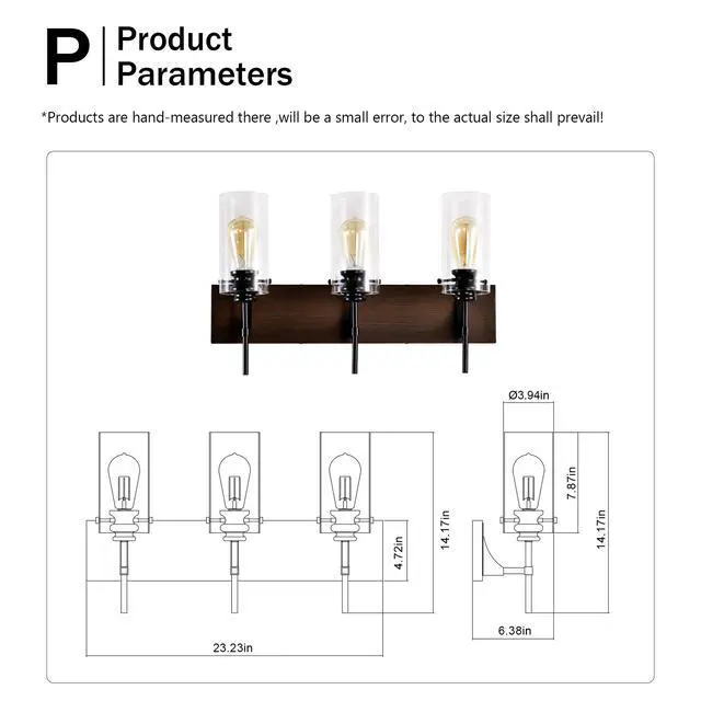 Alt view image 5 of 7 - 3-Light Matte Black + Wood Color Bathroom Light Fixtures, Modern Vanity Lights with Glass Shade, Vintage Light Fixture Bathroom Over Mirror Wall Lights for Kitchen Dinning Room Bedroom Hallway