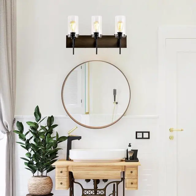 Alt view image 3 of 7 - 3-Light Matte Black + Wood Color Bathroom Light Fixtures, Modern Vanity Lights with Glass Shade, Vintage Light Fixture Bathroom Over Mirror Wall Lights for Kitchen Dinning Room Bedroom Hallway