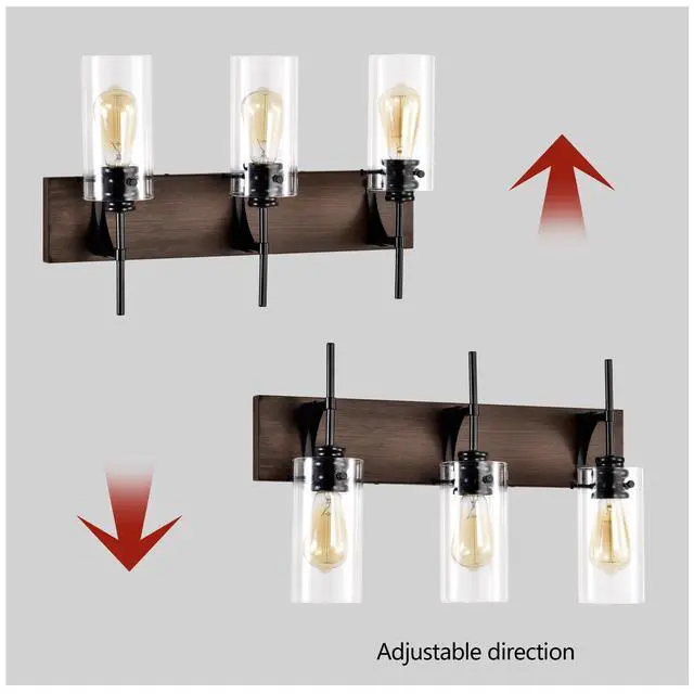Alt view image 7 of 7 - 3-Light Matte Black + Wood Color Bathroom Light Fixtures, Modern Vanity Lights with Glass Shade, Vintage Light Fixture Bathroom Over Mirror Wall Lights for Kitchen Dinning Room Bedroom Hallway