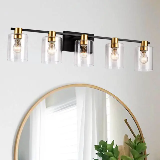 Alt view image 2 of 7 - 5-Light Matte Black + Matte Gold Color Bathroom Light Fixtures, Modern Vanity Lights with Glass Shade, Vintage Light Fixture Bathroom Over Mirror Wall Lights for Kitchen Dinning Room Bedroom Hallway