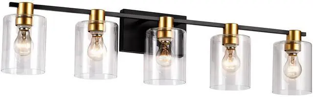 Main image of 5-Light Matte Black + Matte Gold Color Bathroom Light Fixtures, Modern Vanity Lights with Glass Shade, Vintage Light Fixture Bathroom Over Mirror Wall Lights for Kitchen Dinning Room Bedroom Hallway
