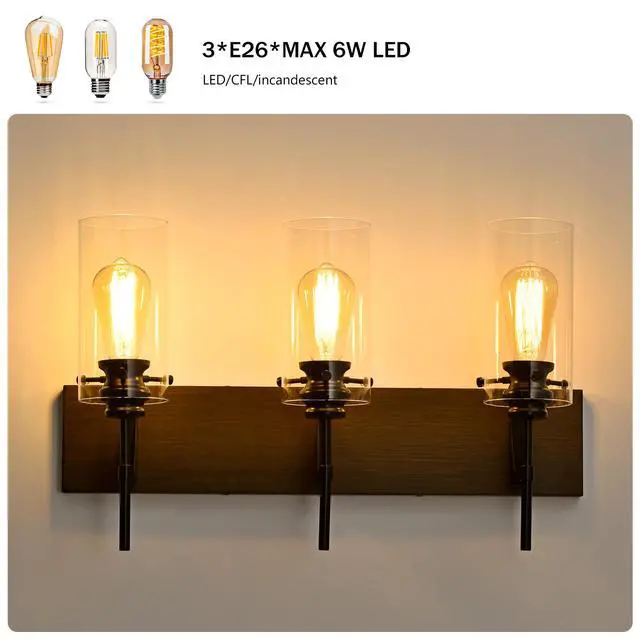Alt view image 6 of 7 - 3-Light Matte Black + Wood Color Bathroom Light Fixtures, Modern Vanity Lights with Glass Shade, Vintage Light Fixture Bathroom Over Mirror Wall Lights for Kitchen Dinning Room Bedroom Hallway