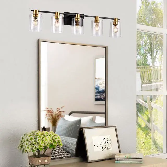 Alt view image 3 of 7 - 5-Light Matte Black + Matte Gold Color Bathroom Light Fixtures, Modern Vanity Lights with Glass Shade, Vintage Light Fixture Bathroom Over Mirror Wall Lights for Kitchen Dinning Room Bedroom Hallway
