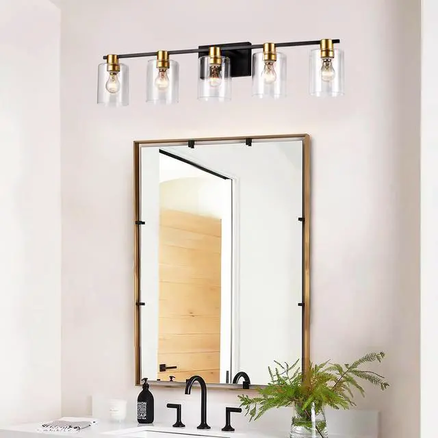 Alt view image 4 of 7 - 5-Light Matte Black + Matte Gold Color Bathroom Light Fixtures, Modern Vanity Lights with Glass Shade, Vintage Light Fixture Bathroom Over Mirror Wall Lights for Kitchen Dinning Room Bedroom Hallway