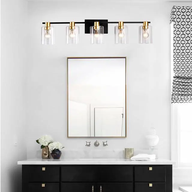 Alt view image 5 of 7 - 5-Light Matte Black + Matte Gold Color Bathroom Light Fixtures, Modern Vanity Lights with Glass Shade, Vintage Light Fixture Bathroom Over Mirror Wall Lights for Kitchen Dinning Room Bedroom Hallway