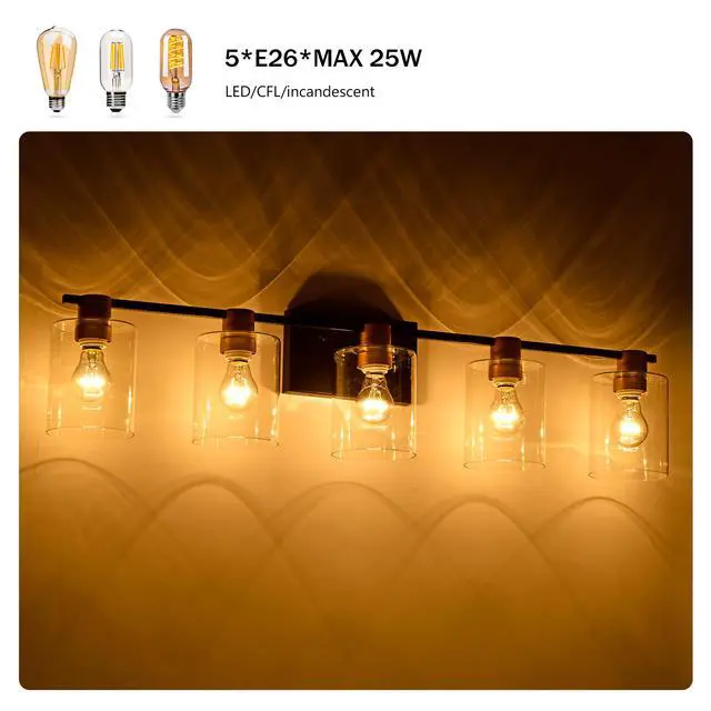 Alt view image 6 of 7 - 5-Light Matte Black + Matte Gold Color Bathroom Light Fixtures, Modern Vanity Lights with Glass Shade, Vintage Light Fixture Bathroom Over Mirror Wall Lights for Kitchen Dinning Room Bedroom Hallway