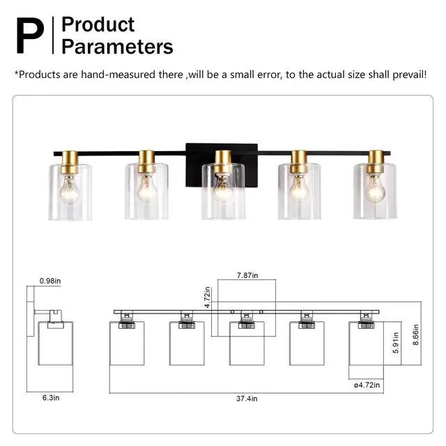 Alt view image 7 of 7 - 5-Light Matte Black + Matte Gold Color Bathroom Light Fixtures, Modern Vanity Lights with Glass Shade, Vintage Light Fixture Bathroom Over Mirror Wall Lights for Kitchen Dinning Room Bedroom Hallway