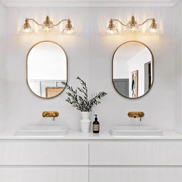 Alt view image 2 of 7 - 24 inch 3-Light Vintage Bathroom Wall Sconce Elegant Golden Metal and Glass Lampshade Vanity Light Fixture for Bathroom, Hallway, Or Bedroom (Bulb Not included)