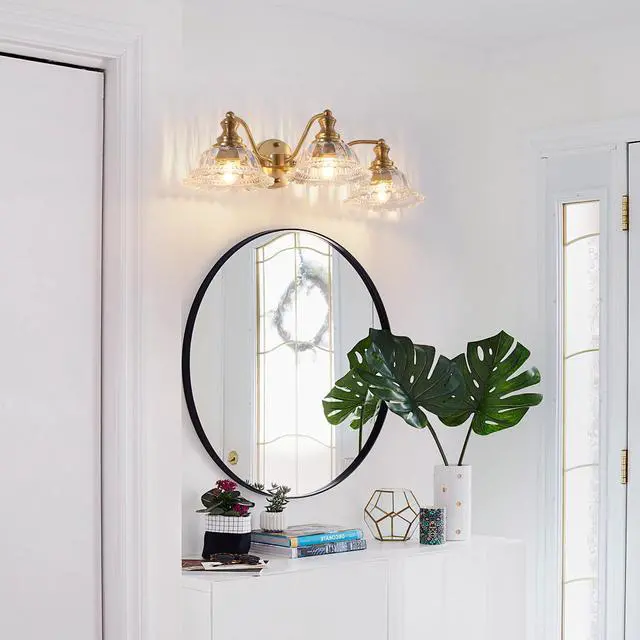 Alt view image 3 of 7 - 24 inch 3-Light Vintage Bathroom Wall Sconce Elegant Golden Metal and Glass Lampshade Vanity Light Fixture for Bathroom, Hallway, Or Bedroom (Bulb Not included)