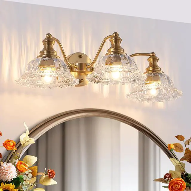 Alt view image 4 of 7 - 24 inch 3-Light Vintage Bathroom Wall Sconce Elegant Golden Metal and Glass Lampshade Vanity Light Fixture for Bathroom, Hallway, Or Bedroom (Bulb Not included)