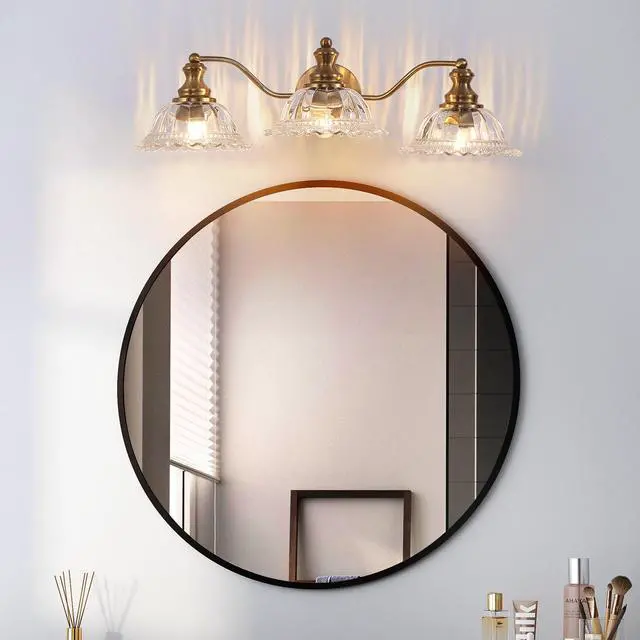 Alt view image 5 of 7 - 24 inch 3-Light Vintage Bathroom Wall Sconce Elegant Golden Metal and Glass Lampshade Vanity Light Fixture for Bathroom, Hallway, Or Bedroom (Bulb Not included)