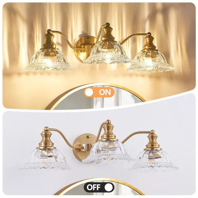 Alt view image 6 of 7 - 24 inch 3-Light Vintage Bathroom Wall Sconce Elegant Golden Metal and Glass Lampshade Vanity Light Fixture for Bathroom, Hallway, Or Bedroom (Bulb Not included)